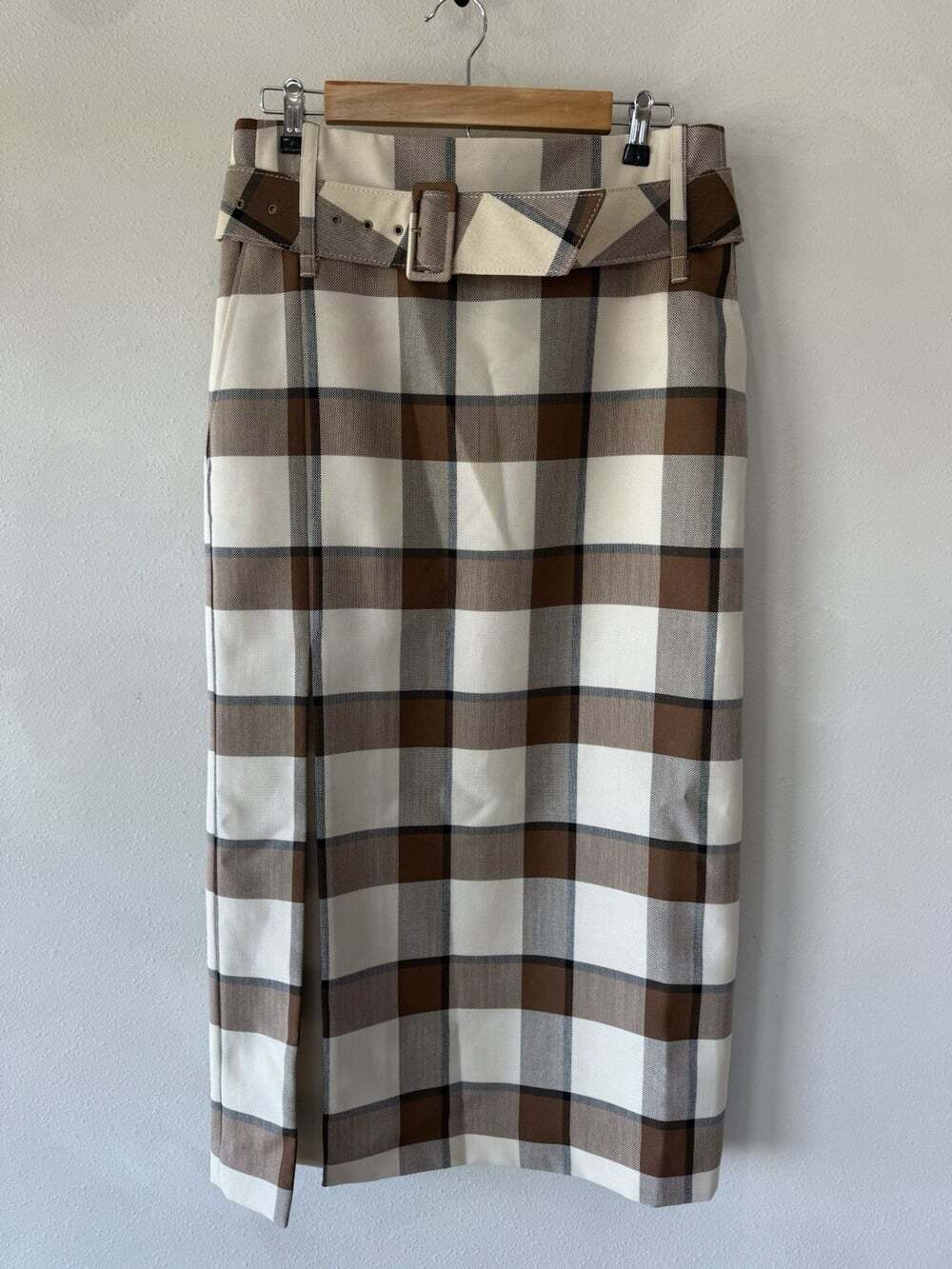 Staud Women’s 10 Maxi Midi Skirt Plaid Brown Cream Slit Straight Long Wool - Picture 4 of 9